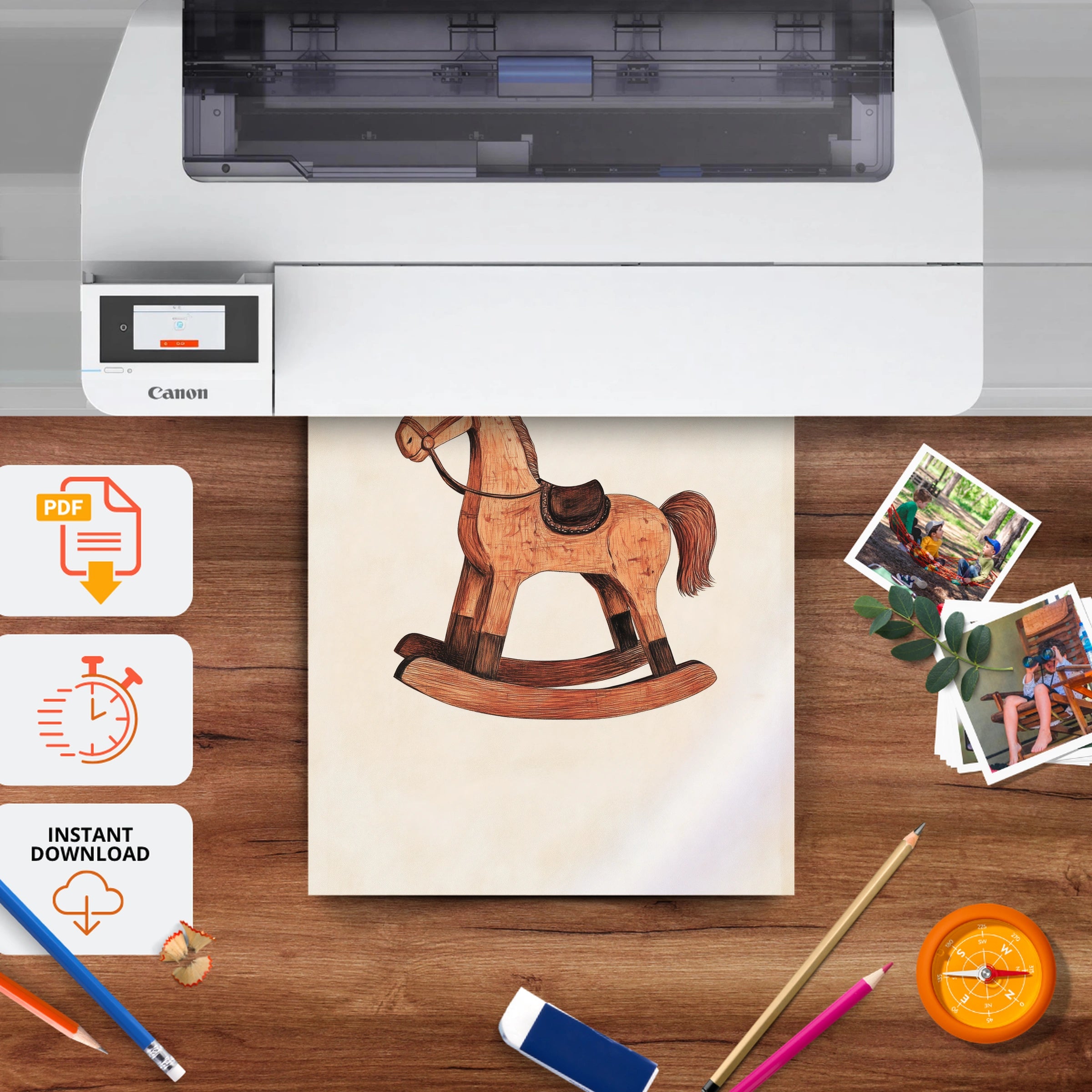 Wooden Rocking Horse Nursery Print - printable nursery wall art, instant download to print at home